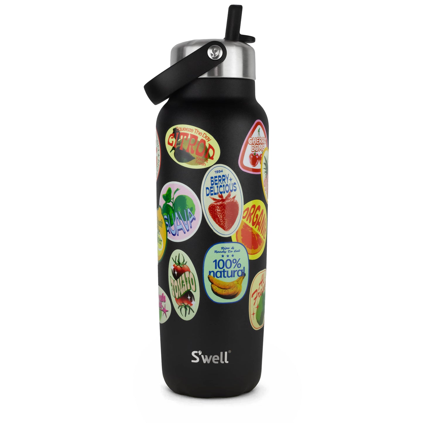 explorer-with-flip-straw-lid-40oz-q3 01_Swell_Fruit_Stand_Stamp_Pattern_Onyx_Black_Front.jpg